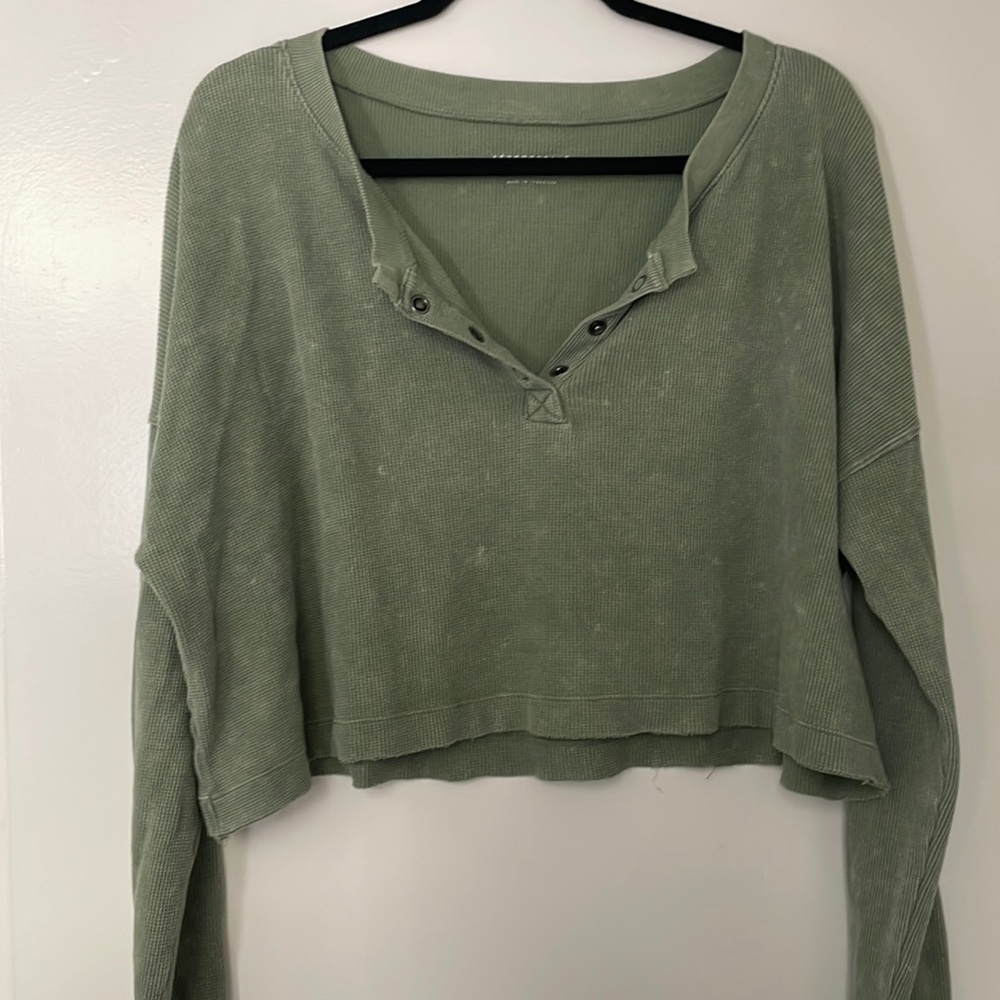 Green Cropped Aeropostale Waffle Henley